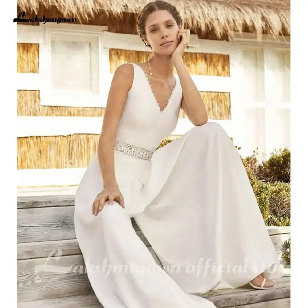 SIMPLE WEDDING IVORY JUMPSUIT WEDDING DRESS WITH POCKETS, MODERN BRIDAL PANTSUIT - Picture 3 of 3